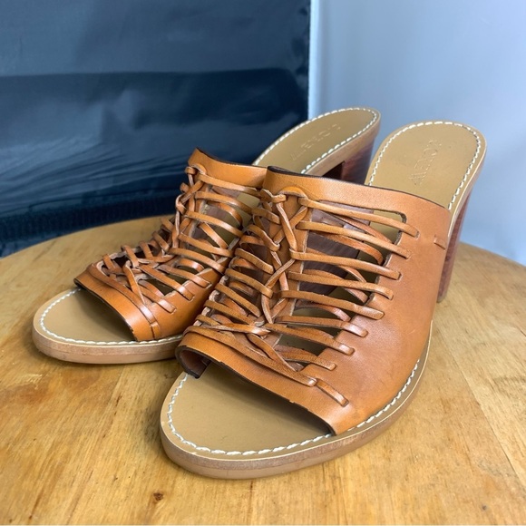 J. CREW Sandals Womens Sz 7.5 Marlow Tan Brown Woven Huarache Mule Heel Leather - Picture 6 of 11